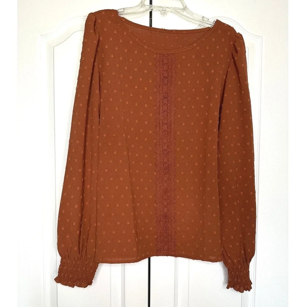 Shein French‎ Lampshade Raised Dot Blouse in rust orange Large Lace Trim - Picture 2 of 7